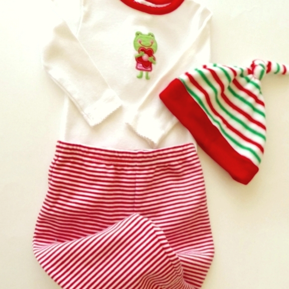 Christmas Unisex Red White Green Onesie Stripes Pants Beanie Hat - Picture 2 of 8